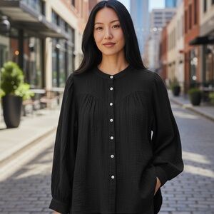 Black Long Sleeve Blouse – Classic Button Style, Loose Fit Casual Top Small